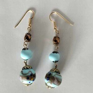 Murano art glass Vintage wedding cake dangling earrings blue pink gold tone